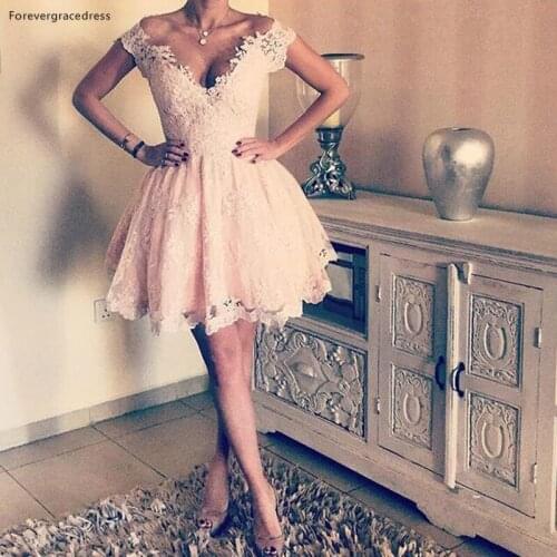 Pink Lace Short Prom Dress A Line V Neck Homecoming Graduation Party Dress Women Wear vestidos de festa