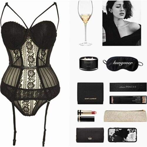 Push Up Sexy Corset Lingerie Padded Cup Gorset Lingerie Suspender Slimming Night Club Sexi Black White Korsett Lace Floral Korse