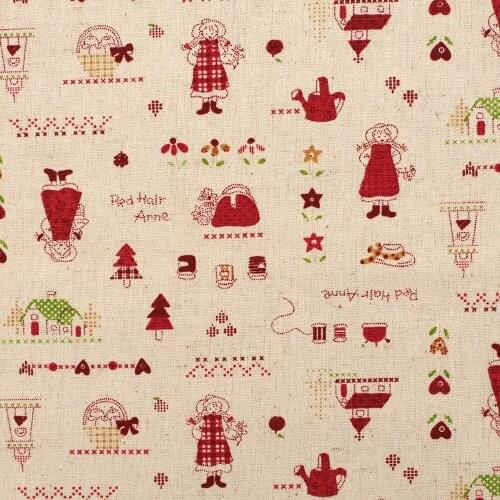 1 yard Cotton Linen Fabric for sewing pathwork, bedding, handmaking - Girl, hourse, bag, flower and tree (width=140cm)