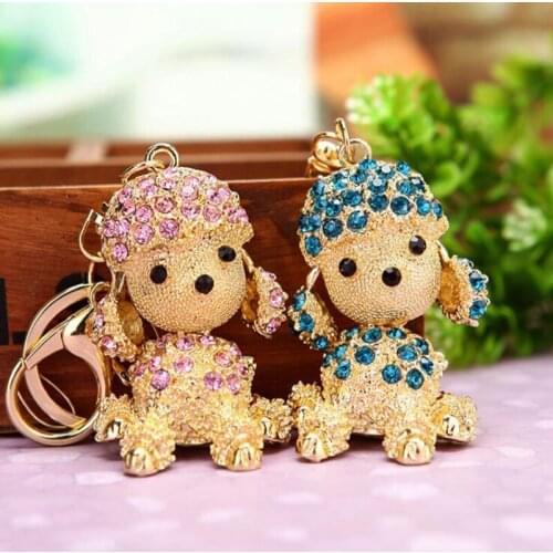 12CM 6 Colors Car Keychain Creative crystal Diamond Puppy Key Ring Pendant Auto Accessories Keychain Women Car Bag Key Rings