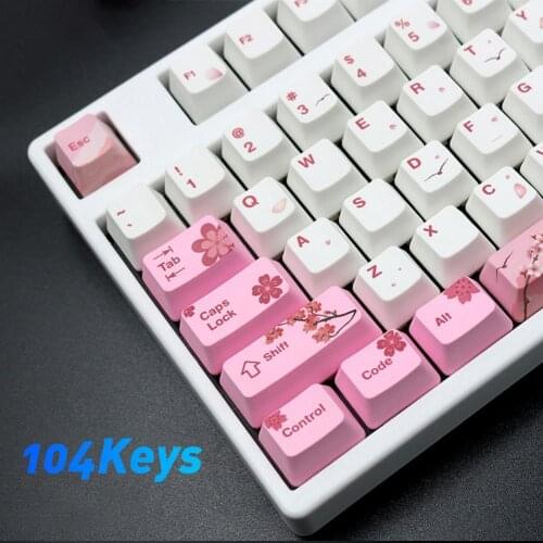 30% Off 104 Keys PBT Pink Sakura Pattern Keycaps Replacement Set Keyboard Accessory