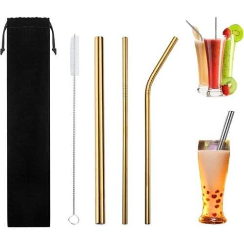304 Stainless Steel Sturdy Bent Straight Boba Straw Reusable Metal Drinking Straws With Cleaning Brush Party Bar Accessory