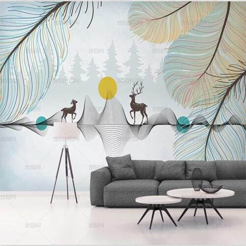 3D modern simple feather sunrise fortune tree lovers elk wallpaper childrens room living room background wall mural bedroom