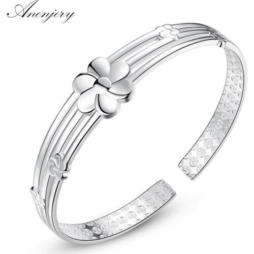 ANENJERY 925 Sterling Silver Plum Flower Hollow Cuff Bracelets & Bangls For Women Spulseras S-B94