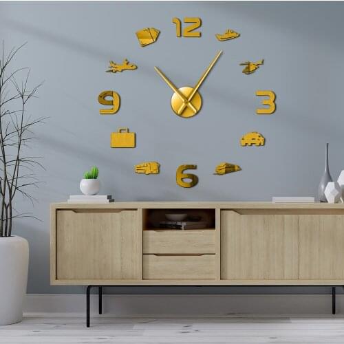 Travel Transport Vehicles DIY Wall Clock Frameless Passport Airplane Taxi Holiday Vacation Trip Acrylic Mirror Surface 3D Watch