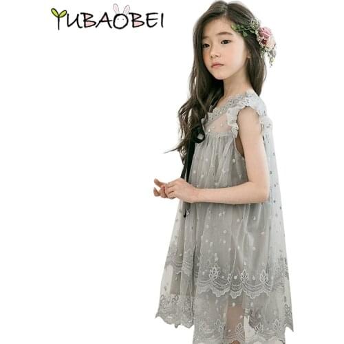 Summer Sleeveless kids clothes Girls Embroidery Lace Dance Tulle Dress With Bow Princess Wedding Party dresses For Age 3~14Y