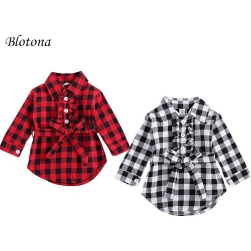 Kids Girls Christmas Plaid Dress Midi, Long Sleeve Lapel Collar High Waist with Waistband Buttons Princess Shirt Dresses 1-5Y