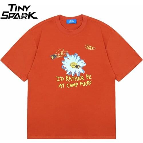 Hip Hop Streetwear Harajuku T-shirt Daisy Bee Letter Printed T-shirt 2021 Men Cotton Casual Short Sleeve Floral Tops Tees Orange