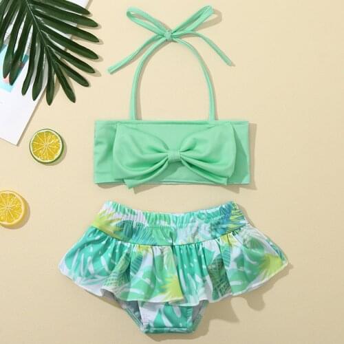 Kawaii Kids Swimwear For Girls Two-piece Summer Strap Swimwear Solid Color Cute Bow Swimsuit Bathing Suit Set Kids Swim Suit