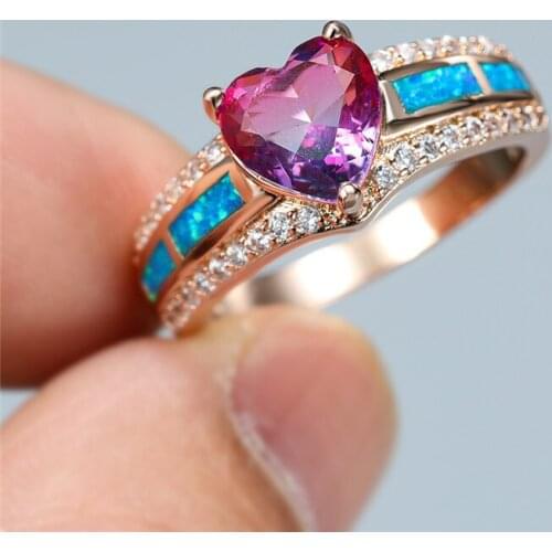 Rainbow Zircon Heart Stone Ring Cute Female Blue Fire Opal Ring Dainty Rose Gold Silver Color Wedding Engagement Rings For Women