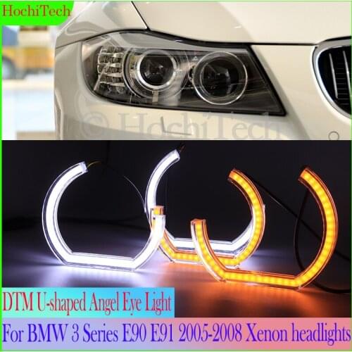 Crystal DTM U-shape Angel Eyes White and Yellow Turn Signal Light For BMW 3 Series E90 E91 2005 2006 2007 2008 Xenon headlights