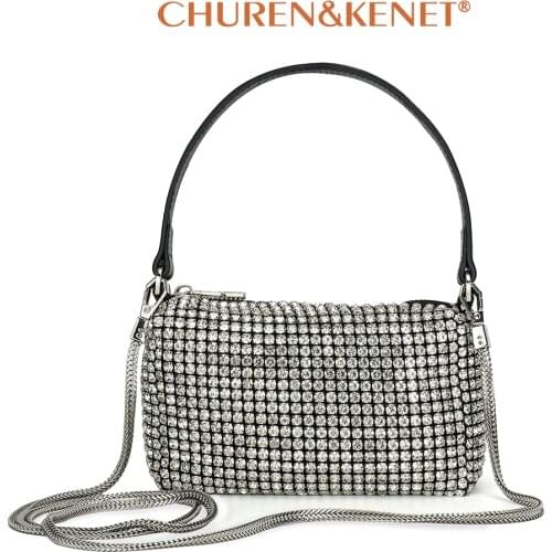 Crystal Rhinestone Evening Crossbody Bags for Women Luxury Brand Bling Purse Mini Top Handle Handbag Chain Mesh Clutch for Party