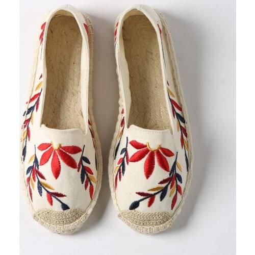 Women Handmade Slip On Shoes Khaki Floral Embroid Loafers Linen Espadrilles Comfortable Casual Exercise Zpatillas Mujer Sapatos