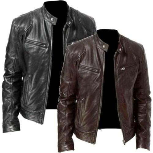 Outdoor Moto & Biker Stand-up Collar Cool Locomotive Style Zipper Pocket Decoration Mens Leather Jacket