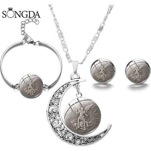 Archangel St.Michael Necklace Set Angel Wings Protect Me Saint Shield Glass Dome Stud Earrings Bracelet Necklaces Sets Jewelry