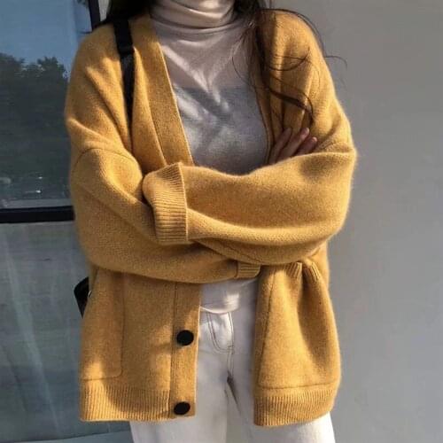 Autumn Winter Yellow Sweater Women Loose Outwear Cardigan Casual Womens Jacket Thick Warm Chic Knitted Long Tops Coat Female