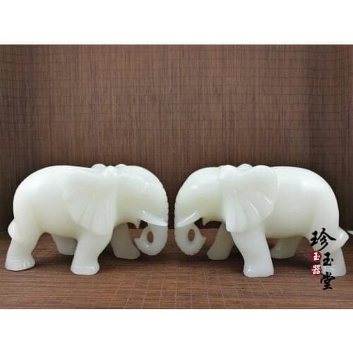 A PAIR HOME office business efficacious propitious Talisman Money Drawing White Jade GOOD LUCK elephants Jade carving Sculpture