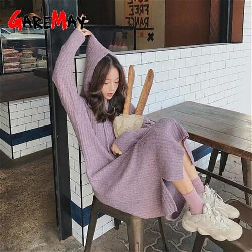 GareMay casual hooded knitted dress winter womens maxi Sweater Dress warm Long loose Long thick long sleeve purple dress female