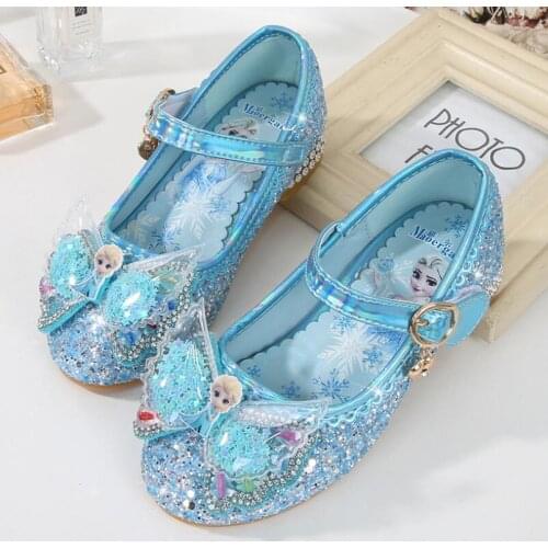 Frozen Princess Kids Leather Sandals for Girls Bow Casual Shoes Glitter Children High Heel Girls Elsa Sandals Butterfly Knot