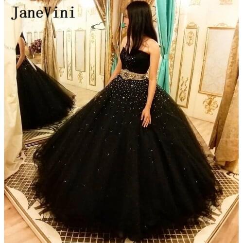 JaneVini Luxury Black Arabic Long Quinceanera Dresses 2020 Sweetheart Crystal Beaded Tulle Ball Gown Plus Size Sweet 15 Dresses