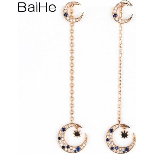 BAIHE Genuine Solid 14K Rose Gold 0.20CT H/SI Natural Diamonds Natural Sapphirs Cерьги Trendy Fine Jewelry Moon Earrings Women