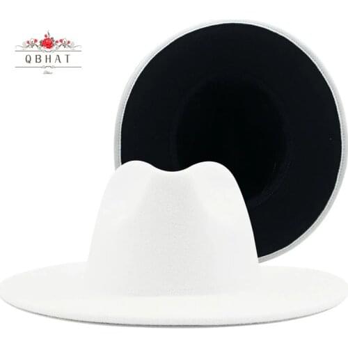 QBHAT White Black Patchwork Women Unisex Panama Wool Felt Fedora Hats Ladies Wide Brim Party Trilby Cowboy Cap Fashion Jazz Hat