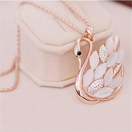 New Fashion Women Charming Alloy Crystal Opal Swan Pendants Necklace Sweater Chain Jewelry Xmas Gift For Womens Christmas Gifts