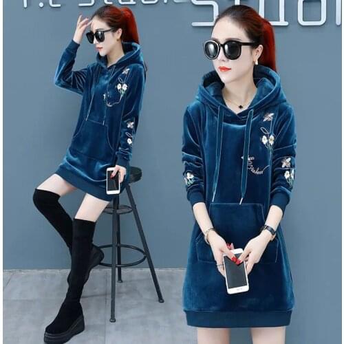 Women Embroidered Velvet Hoodies 2021 Fall Winter Thick Casual Loose Mid-Length Hooded Sweatshirt Oversized Velour Pullover Tops