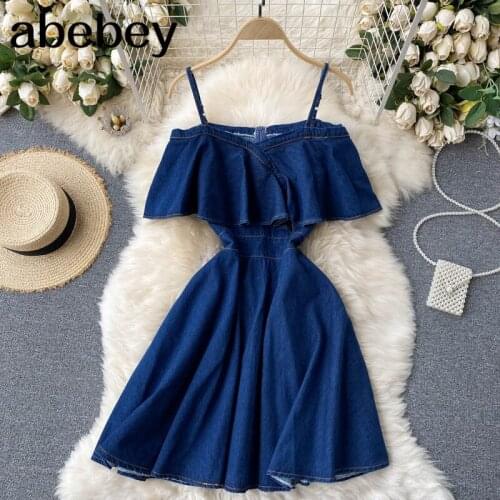 Retro Denim Strap Dress Women Korean Sexy Off Shoulder Ruffles A-line Dresses Summer Fashion Streetwear Short Dress