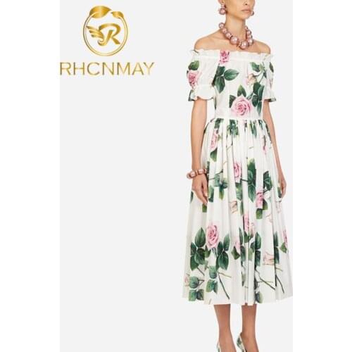 New Women Runway Off Shoulder Holiday Beach Dress Summer Short Sleeve Print Floral Midi Dress Sexy Slash Neck Party Vestidos