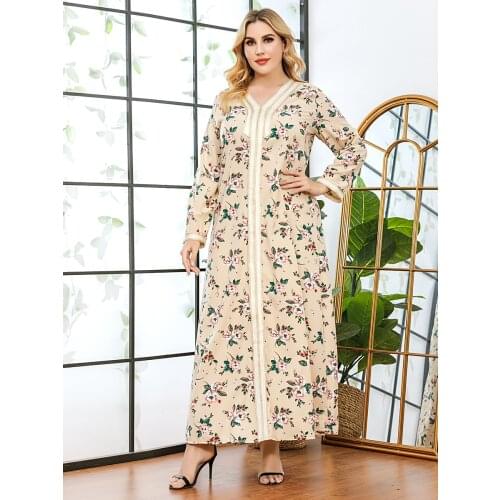 2021 Autumn New Women Fashion Floral Ribbon Patchwork Long Sleeve Dress Loose Maxi Dresses Arabic Dubai Turkey Muslim Clothes