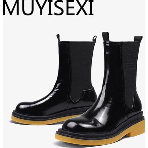 Winter keep warm genuine leather 4.5cm med heel gladiator round toe hollywood British school streetwear lady boot HL280 MUYISEXI