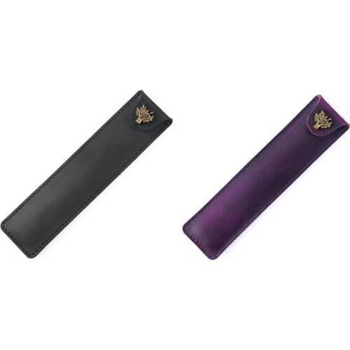 2X Genuine Leather Pen Pouch Single Pencil Bag With Snap Button For Rollerball Fountain Ballpoint Pen-Black & Purple