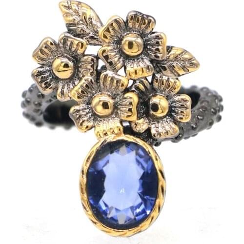 24x20mm Neo-Gothic Delicate Fine Cut Created Iolite London Blue Topaz Topaz Emerald for Women Black Gold Silver Rings