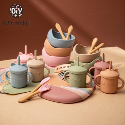 Lets Make 6pcs Baby Food Grade Heat Resistant Cloud Shape Feeding Tableware Sets Plate Bowl Bib Placemat Fork Spoon Cup Set