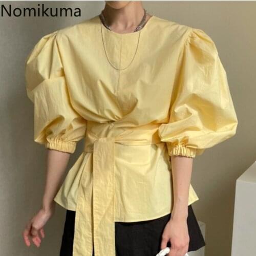 Nomikuma Women Blouses Chic Puff Sleeve O-neck Solid Shirt Korean 2021 Summer Belt Slim Waist Elegant Blusa Feminina 6H845