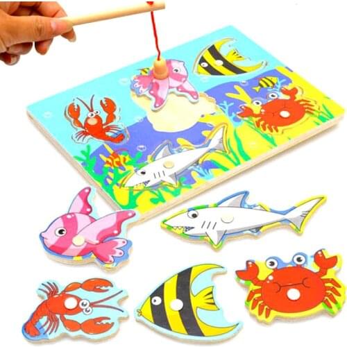 Baby Magnetic Fishing Game Board Wooden Jigsaw Puzzles Montessori Wooden Toys Parent-child Interactive Toys For Children