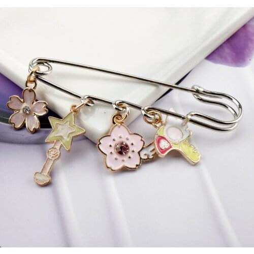 Enamel Brooch Animal Card Captor Sakura Pins Safepin Shape Wand Flower Pendant Lapel Pin Jewelry Fashion Trinket for Girls