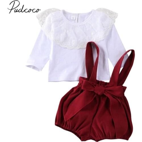 2020 Baby Spring Autumn Clothing Newborn Baby Girls Long-sleeved Yarn Lotus Leaf Tops + Overall Strap Shorts Solid 2Pcs Set