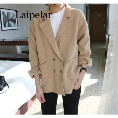Laipelar Women Solid Thin Long Sleeve Casual Double Breasted Pockets Sweater 2019 Latest Version Turn-down Collar Female Sweater