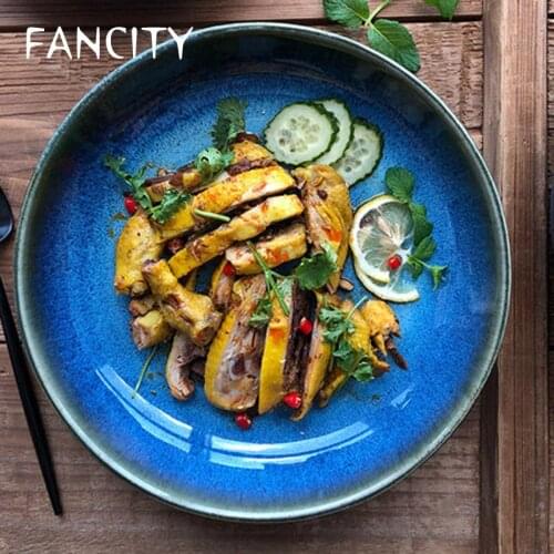 FANCITY Japanese-style creative personality ceramic tableware elegant blue deep soup plate deep mouth plate soup dish salad dish