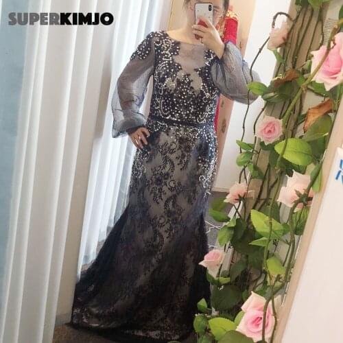 SuperKimJo 2020 Abendkleider Modest Navy Blue Evening Dresses Long Sleeve Beaded Elegant Lace Applique Evening Gown
