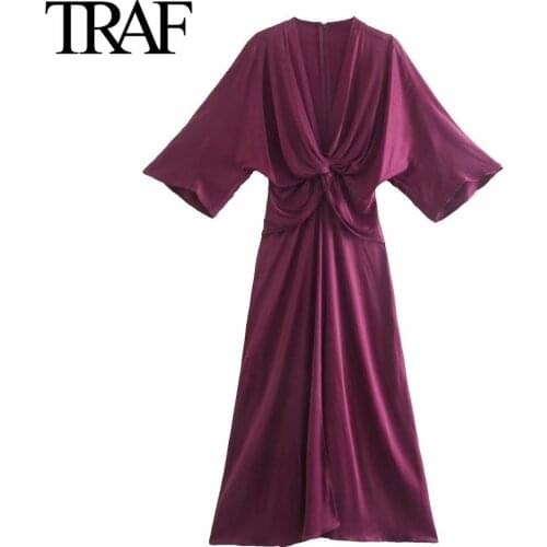 Traf Za Women Fashion Satin Red Dress Summer French Vintage Fold Knot Decoration V-Neck Midi Long Dress Vestidos Mujer