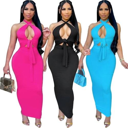 Casual Women Long Dress Halter Bandage Hollow Out Backless Bodycon Streetwear Dresses For Women Outfit