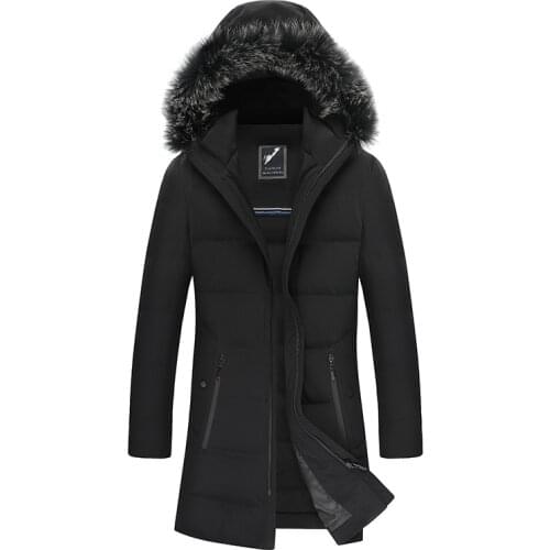 Down Jacket Mens Mid-length Hooded Fur Collar Casual Winter White Duck down Solid Color Mens down Jacket