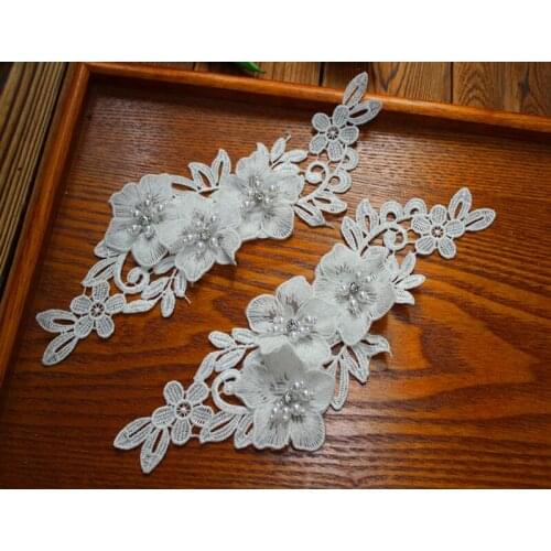 Size26*8.5cm(3pairs/lot) Off White 3D Floral Flower Motif Lace Applique Lace Patch with Sewed Rhinestones for Wedding