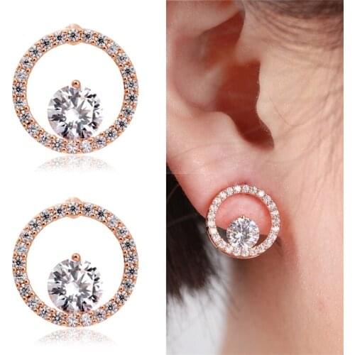 Real Rose Pink or White Gold Color Circle Round Paved Zirconia Crystals Stud Earrings Jewelry For Women Girls Earings