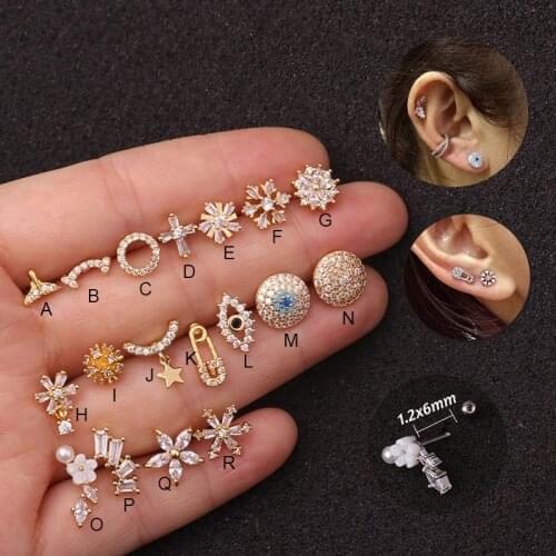 1 Piece 16G Silver Eye Flower Cross Moon CZ Ear Piercing Earrings Studs Elegant Women Tragus Helix Cartilage Piercing Jewelry