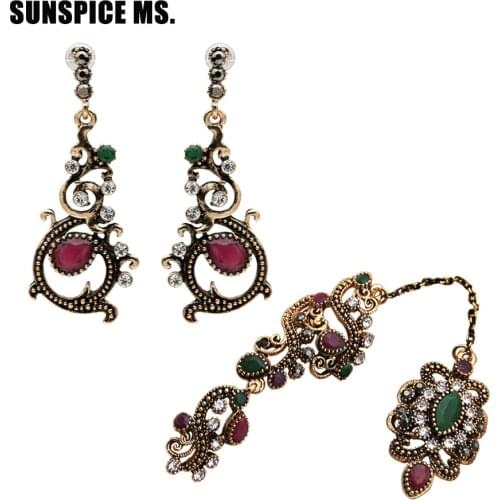 Sunspicems Vintage Women Drop Earring Link Ring Sets Antique Gold Color Turkish Design Ethnic Banquet Jewelry Gift Wholesale