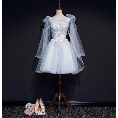 Light blue shoulder bowtie sleeve embroidery beading tutu short ball gown dress stage performance/fairy short cosplay dress